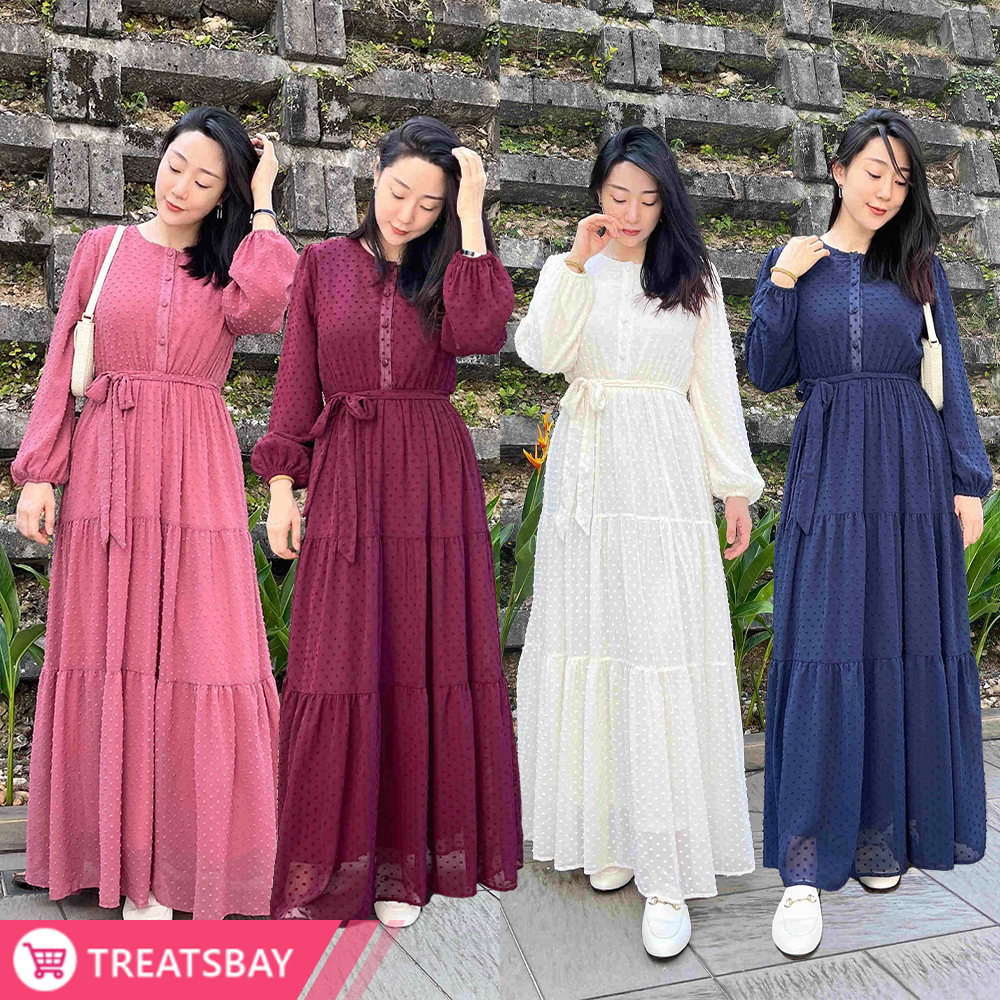 Swiss Dot Tiered Dress With Belt Muslimah Modest Wear