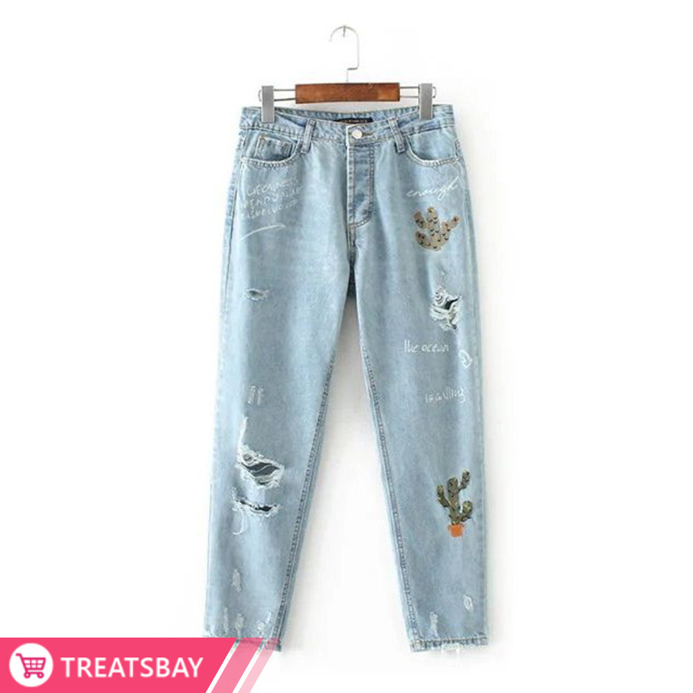 Embroidered Light Blue Denim Jeans