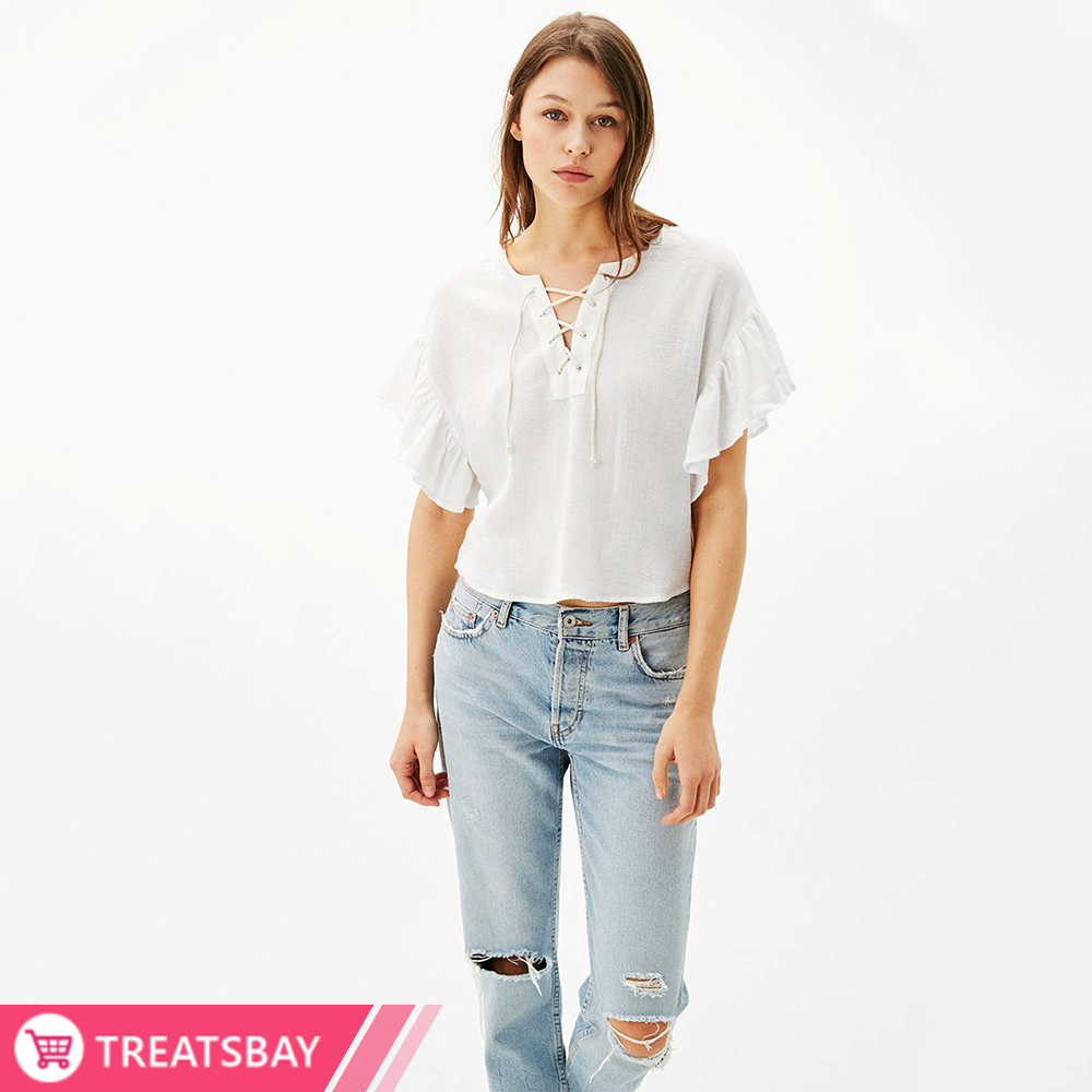 Ruffle Sleeve Lace Up Top