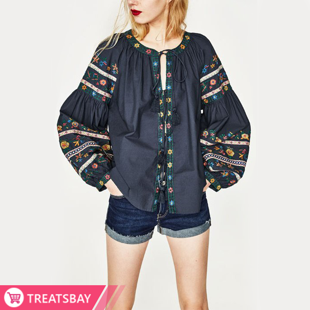 Embroidered Balloon Sleeve Top