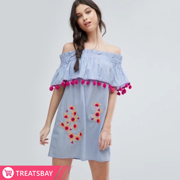 Embroidered Pom Pom Dress