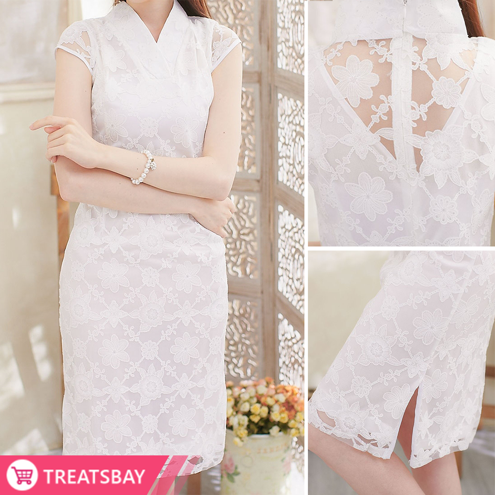 See-through Back V-neck Lace Cheong Sam