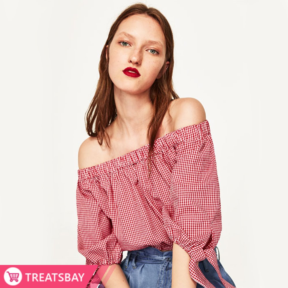 Off Shoulder Checked Top