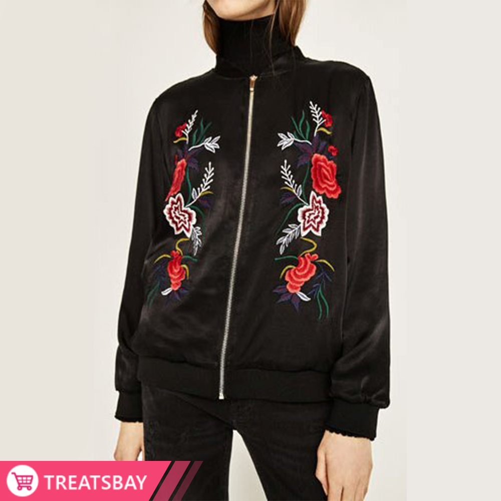 Black Embroidered Bomber Jacket