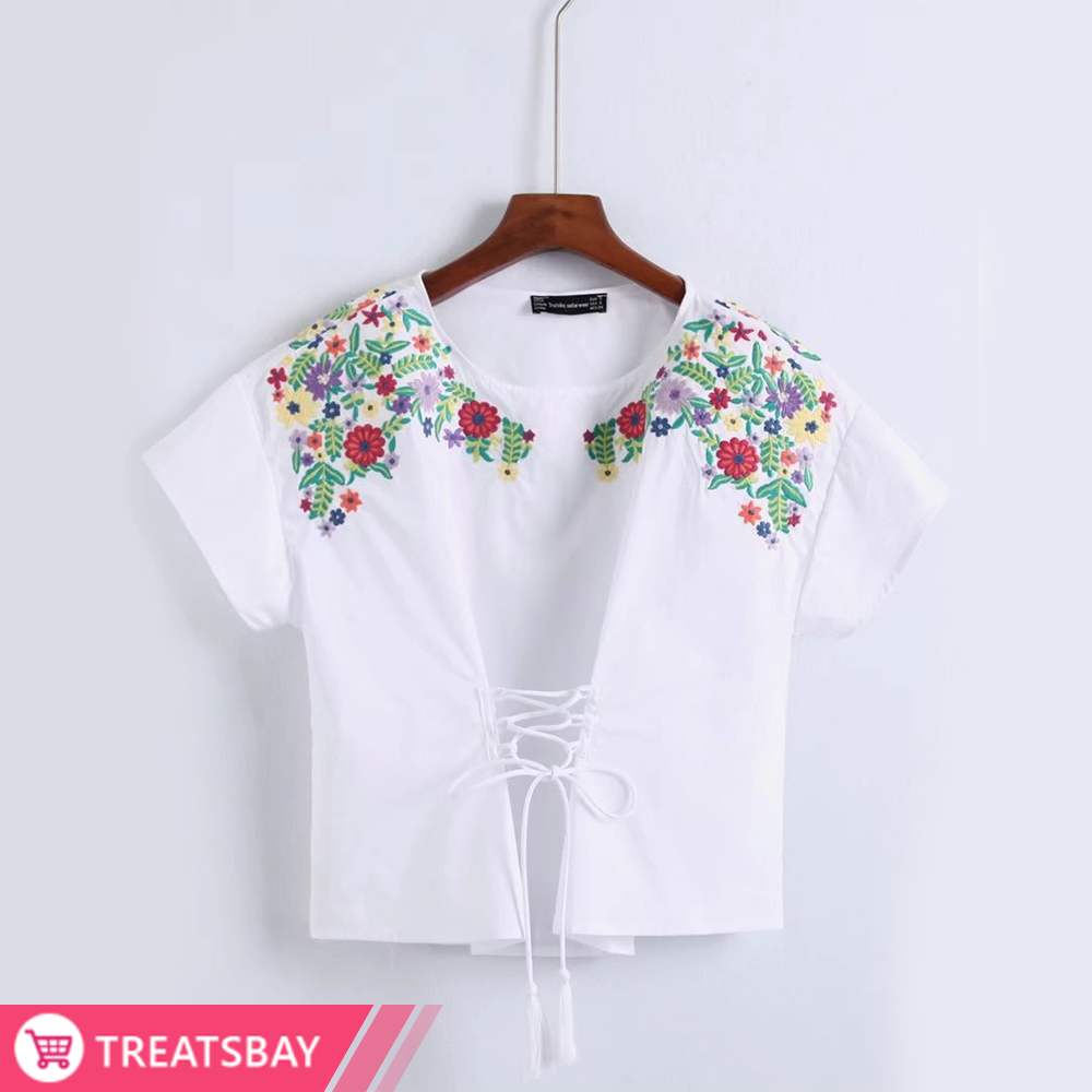 Lace Up Embroidered Top
