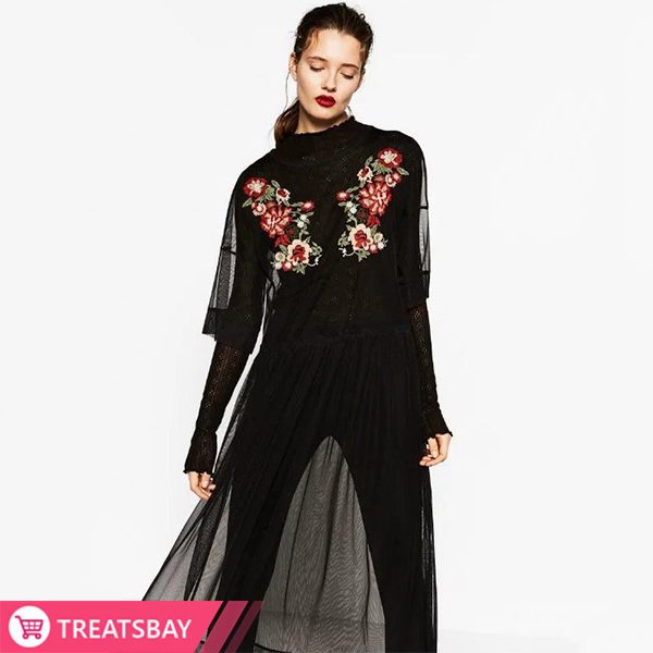 Embroidered Long Mesh Dress