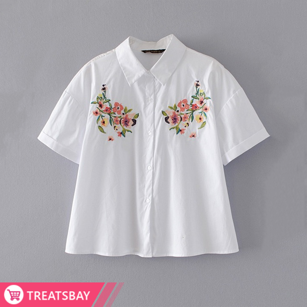 Embroidered Collar Short Sleeve Shirt