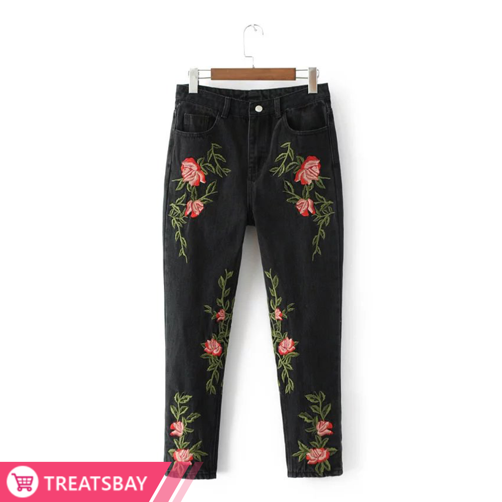 Embroidered Black Denim Jeans